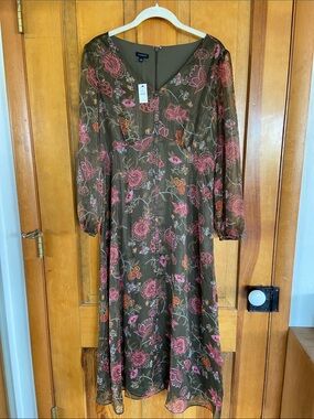 Talbots Olive Floral Long-Sleeve Midi Dress with Pink Accents and Gold Shimmer